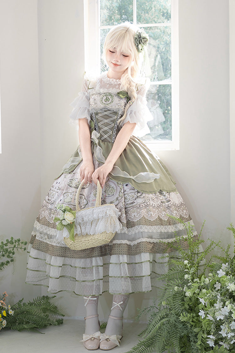 Green [Teacup Rabbit] Multi-Layered Print Ruffle Embroidery Bowknot Lace Asymmetric Sweet Elegant Lolita Jsk Dress - Product - 11