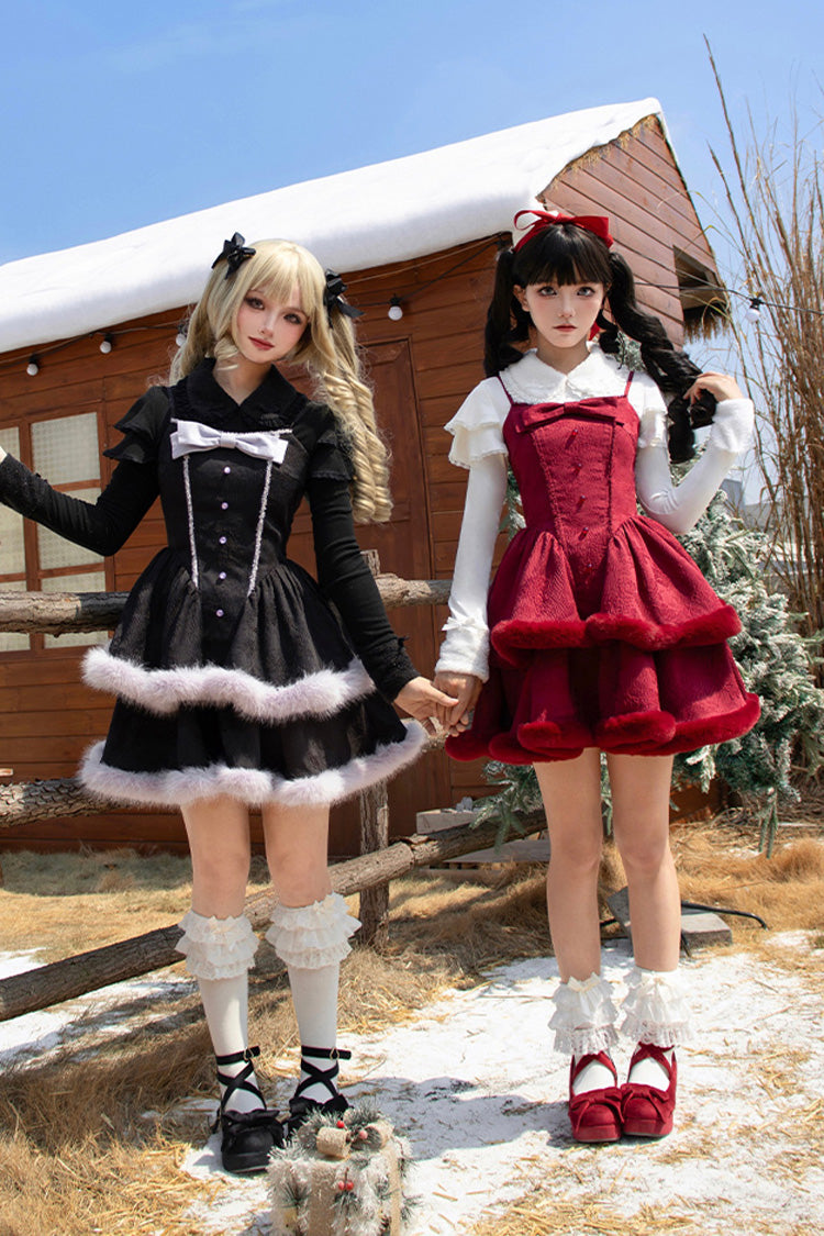 [Winter's Wish] Double-Layered Jacquard Bowknot Furry Sweet Lolita Jsk Dress 2 Colors - Product - 9