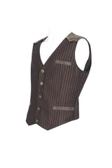 Brown Striped V Collar Stitching Slim Men's Gothic Vest - Product - 5