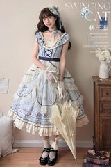 Blue [Swing Cat] Print Ruffle Bowknot Lace Sweet Elegant Lolita Jsk Dress - Product - 7