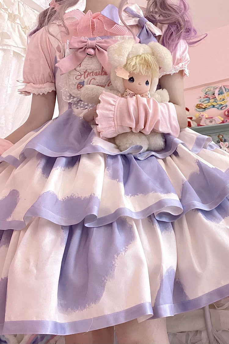 Blue Sleeveless Triple-Layered Cow Print Ruffle Bowknot Sweet Lolita Jsk Dress - Product - 16