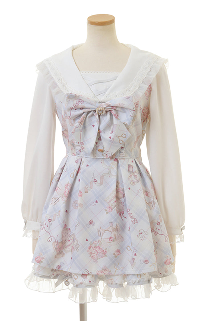 [Sewing Bear] Long Sleeves Print Bowknot Lace Sweet Jirai Kei Plus Size Dress 3 Colors - Blue - 4