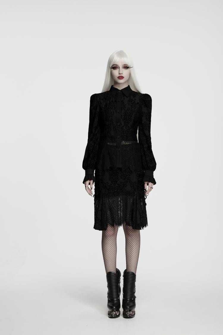 Black Lapel Collar Long Sleeves Embroidered Lace Lace-Up Women's Gothic Elegant Blouse - Product - 2