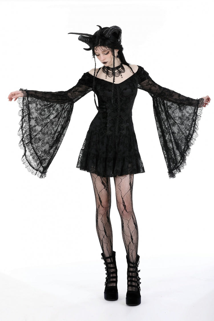 Black Off Shoulder Long Trumpet Sleeves Velvet Spliced Mesh Women's Gothic Graduation Dress - Product - 7