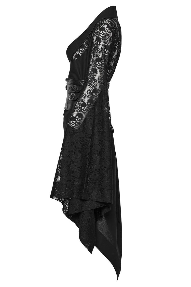 Black Irregular Hem Skull Print Hollow Stitching Womens Steampunk Kimono Dress - Product - 6