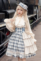 Grey/Blue [Morning Tune] Sleeveless High Waisted Print Ruffle Asymmetric Sweet Lolita Strap Dress - Grey/Blue - 1