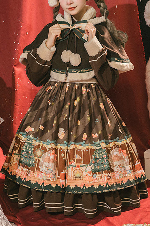 Brown Christmas Gift Print Long Sleeve Sweet Lolita OP Dress - Brown - 1