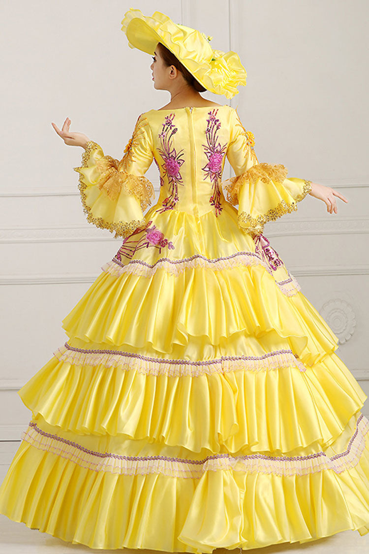 Yellow Half Sleeves Hime Sleeves High Waisted Lace Stitching Hollow Embroidery Floral Print Multi-Layer Victorian Lolita Prom Dress - Product - 3