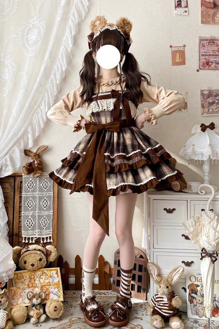 Brown [Caramel Cocoa] Double-Layered Print Ruffle Bowknot Sweet Lolita Jsk Dress - Product - 7
