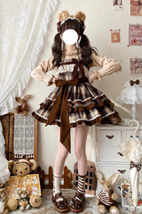 Brown [Caramel Cocoa] Double-Layered Print Ruffle Bowknot Sweet Lolita Jsk Dress - Product - 7