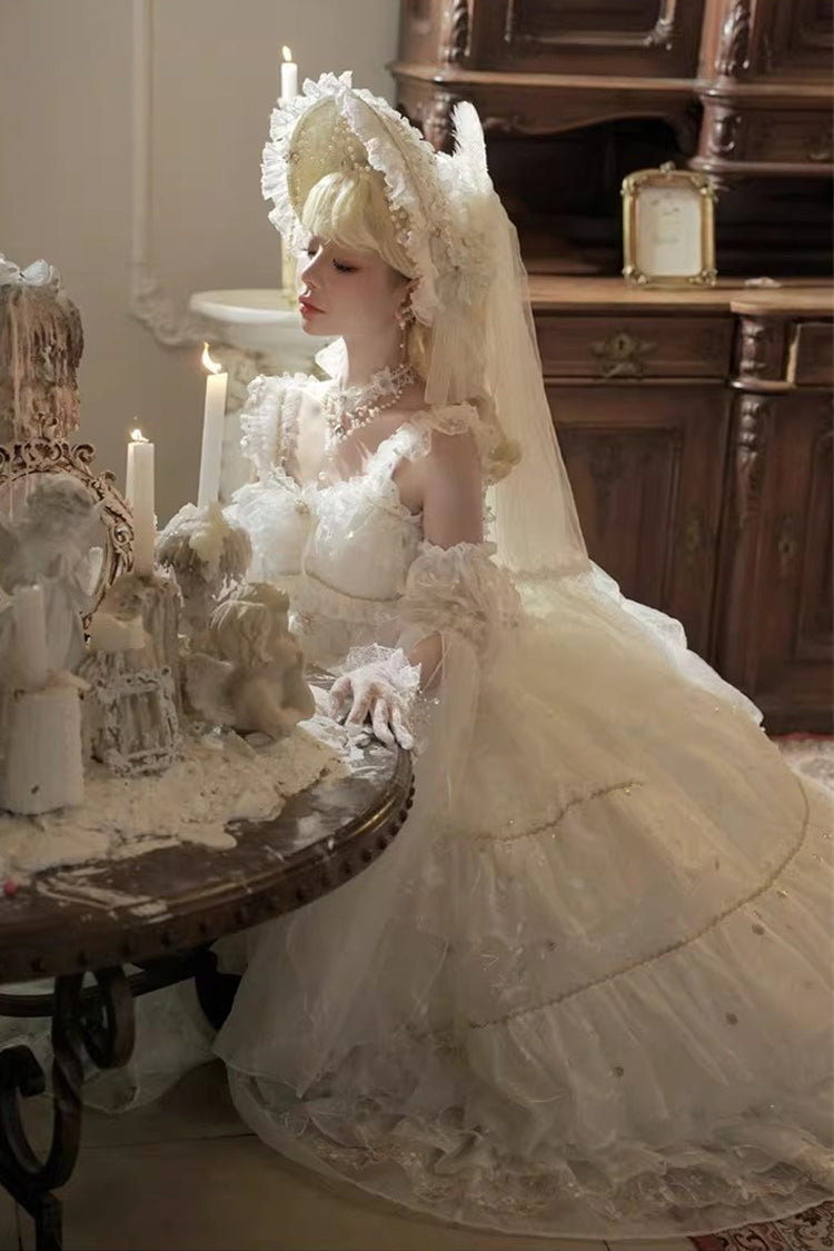 White [Dreamy Waltz] Sleeveless Multi-Layered Ruffled Hanayome Bow Lace Chiffon Gothic Gorgeous Lolita Jsk Dress - Product - 6