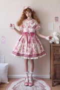 Rose Red Grape Moon Almanach mit kurzen Ärmeln, mehrschichtig, bedruckt, Rüschenschleife, süß (Kleid einzeln), Vorderansicht