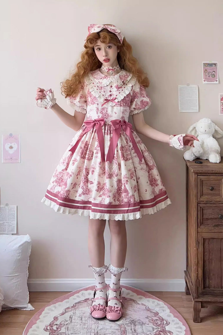 Rose Red [Grape Moon Almanac] Short Sleeves Multi-Layered Printed Ruffled Bow Sweet Lolita Dress - Rose-Red - 1