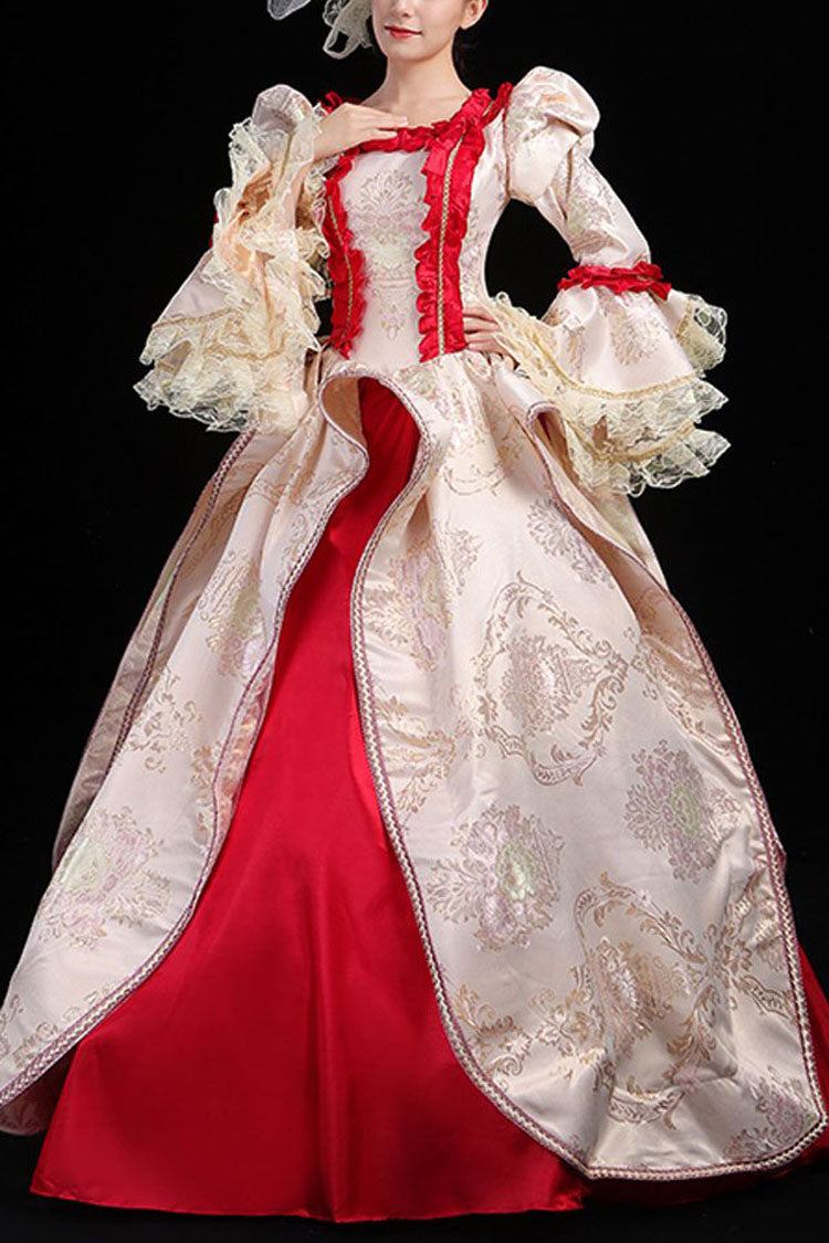 Wine/Golden Stitching Court Style High Waisted Trumpet Sleeves Embroidery Floral Print Victorian Lolita Prom Dress - Wine/Golden - 1