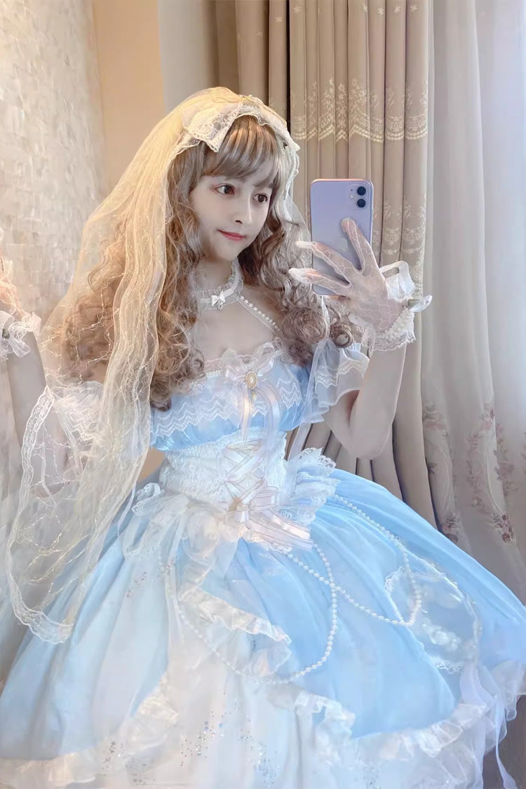 Blue/White [The Little Mermaid] Off Shoulder Halterneck Hanayome Bowknot Mesh Sweet Elegant Princess Lolita Dress - Product - 2