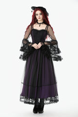 Purple Sheer Lace Square-Cut Collar Double-Layered Long Flared Sleeves  Lace-Up Women's Gothic Maxi Dress - Product - 6