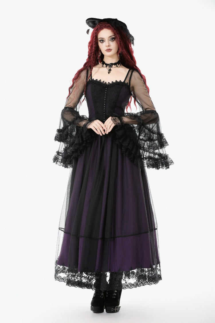 Purple Sheer Lace Square-Cut Collar Double-Layered Long Flared Sleeves  Lace-Up Women's Gothic Maxi Dress - Product - 6