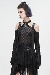 Black Off Shoulder Buckle Sheer Crop Women's Punk Shirt - Product - 3