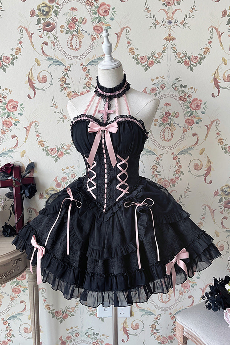 Black/Pink Tube Top Sleeveless Ruffle Bowknot Gothic Lolita Jsk Tiered Dress - Product - 2