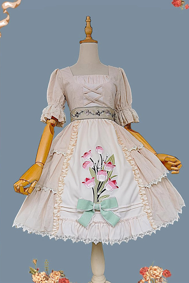 Tulip Print Embroidery Short Sleeves Multi-layer Sweet Elegant Lolita Jsk Dress 3 Colors - Apricot - 8