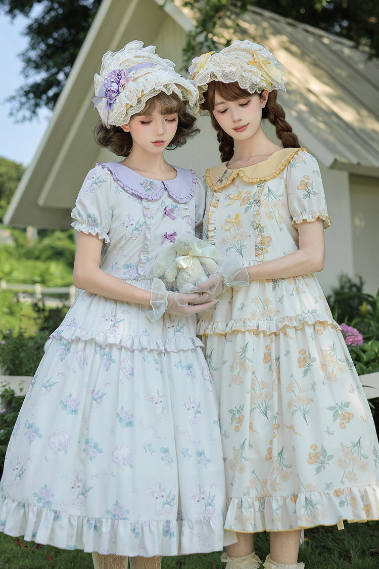 [Breezy Summer Blossoms] Peter Pan Collar Short Sleeves Jacquard Printed Ruffled Embroidered Bow Sweet Lolita Dress 2 Colors (Yellow, Purple) - Product - 11