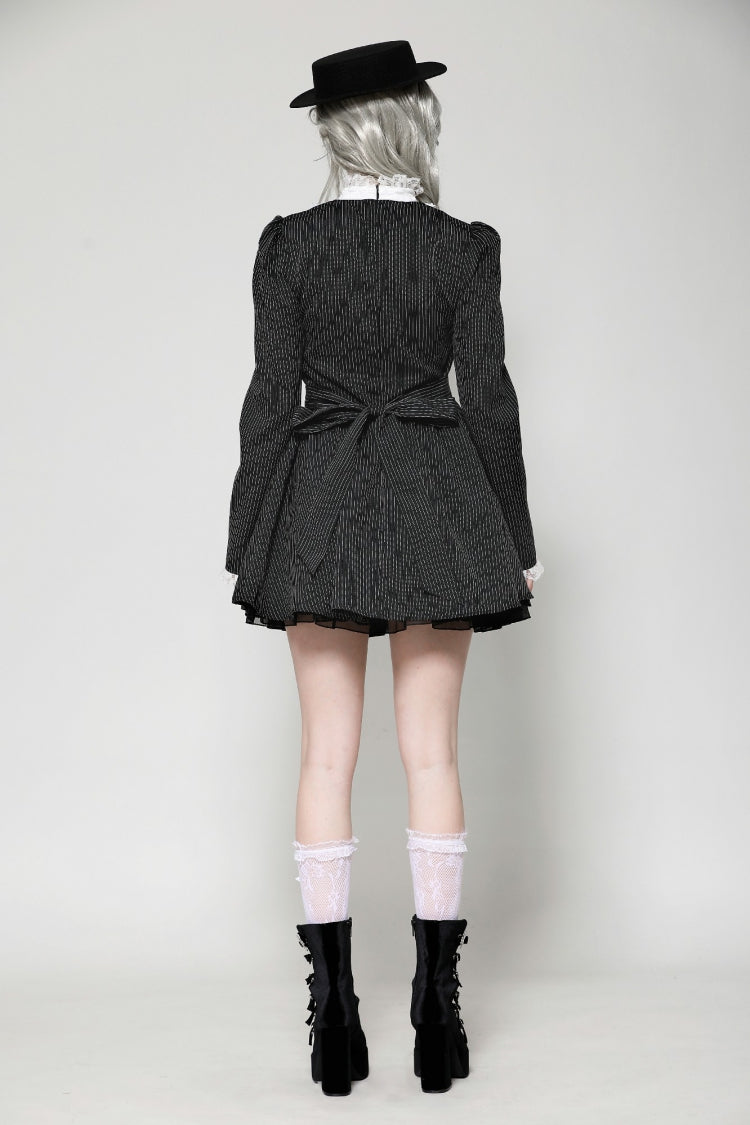 Black/White Striped Ruffled Lace Stand Collar Bow Long Sleeves Lace-Up Women's Gothic Lolita Graduation Dress - Product - 4