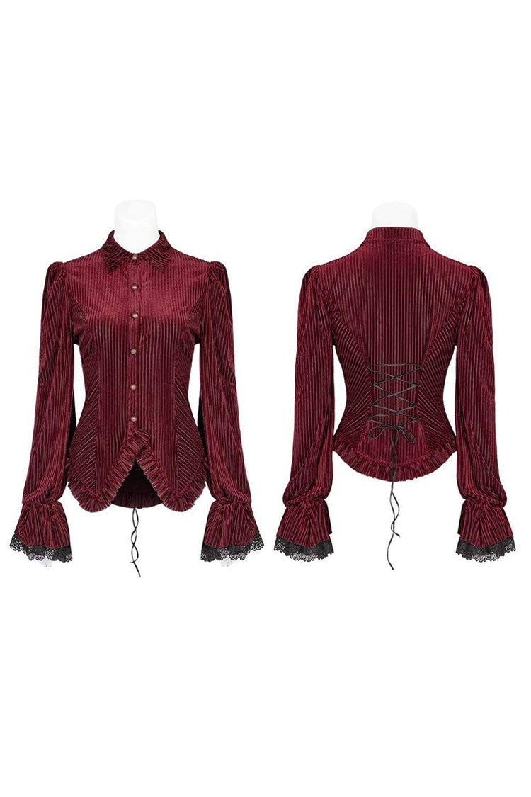 Striped Velvet Metal Retro Button Lace Cuff Back Waist Lace Up Women's Gothic Blouse - Product - 11