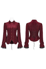 Striped Velvet Metal Retro Button Lace Cuff Back Waist Lace Up Women's Gothic Blouse - Product - 11