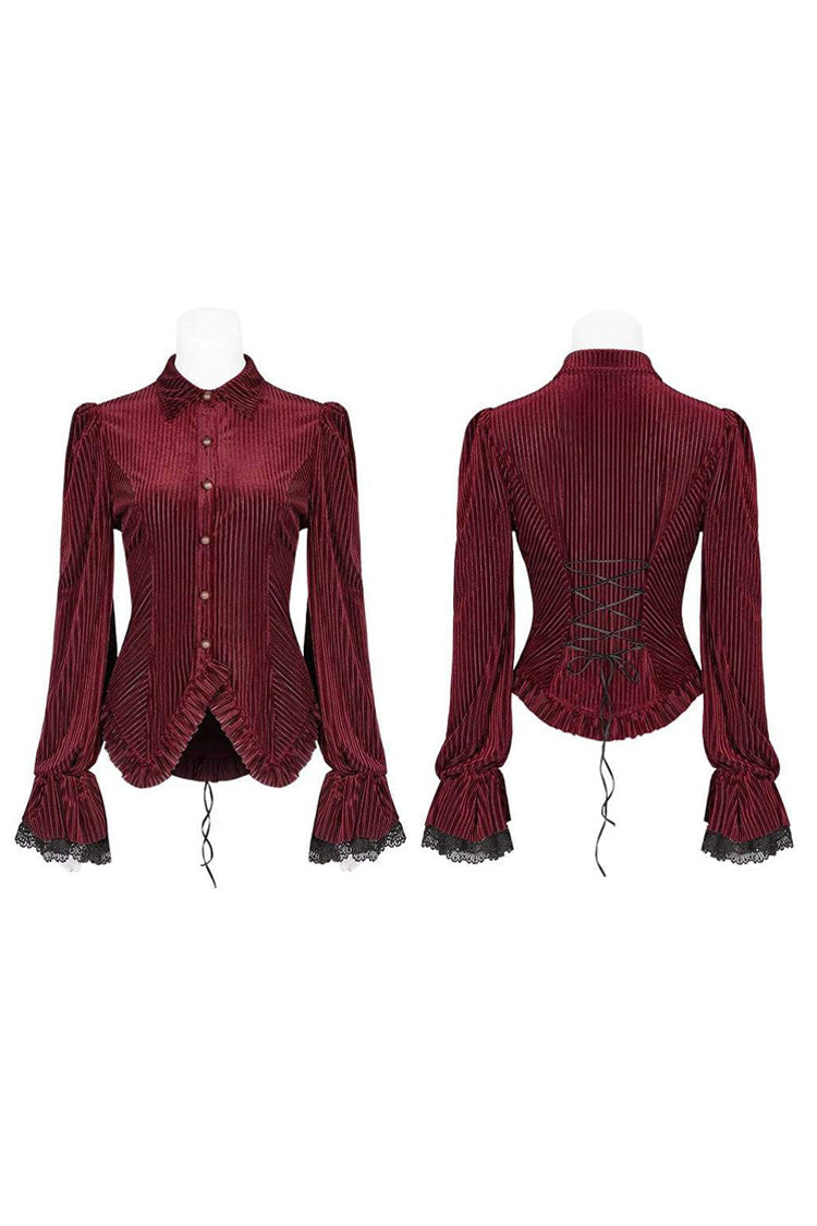 Striped Velvet Metal Retro Button Lace Cuff Back Waist Lace Up Women's Gothic Blouse - Product - 11