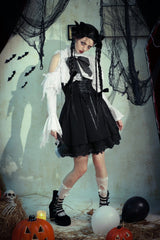 Black/White Lace High Collar Asymmetric Long Trumpet Puff Sleeves Bowknot Women's Lolita Gothic Short Dress - Product - 19