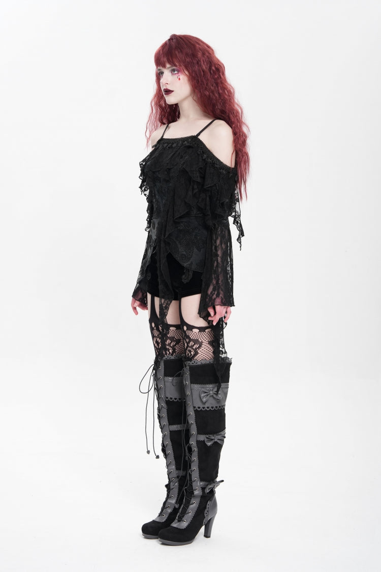 Black Off Shoulder Long Trumpet Sleeves Ruffle Women's Gothic Slip Blouse - Product - 12