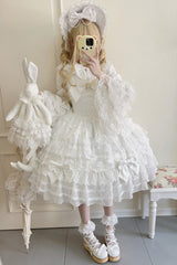 White [Dream Prologue] Doll Multi-Layered Bowknot Lace Sweet Princess Lolita Dress - Product - 7