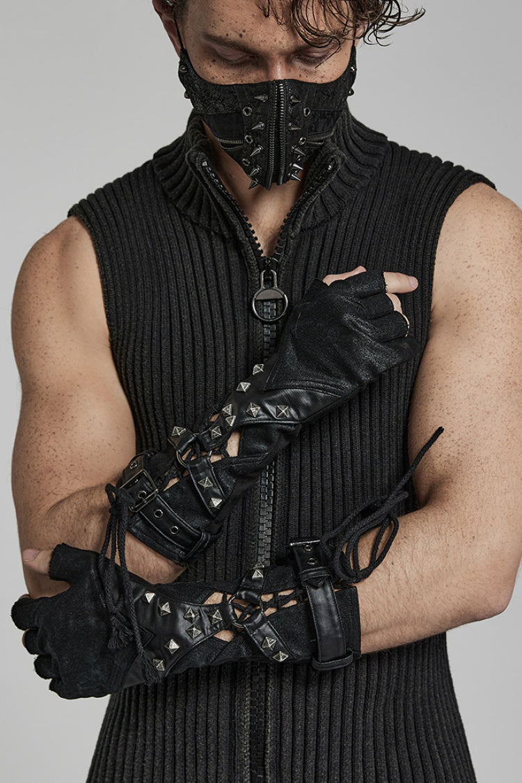Rivets Print Lace-Up Men's Steampunk Gloves 2 Colors - Black - 1