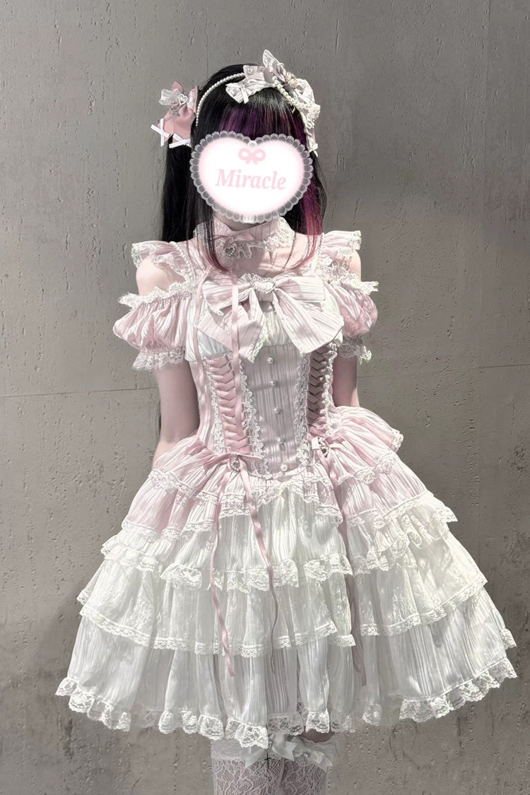 Pink/White [Pearl Nocturne] Square Collar Flutter Sleeves Multi-Layered Printed Ruffled Bow Lace Sweet Japanese Lolita Dress - Product - 2