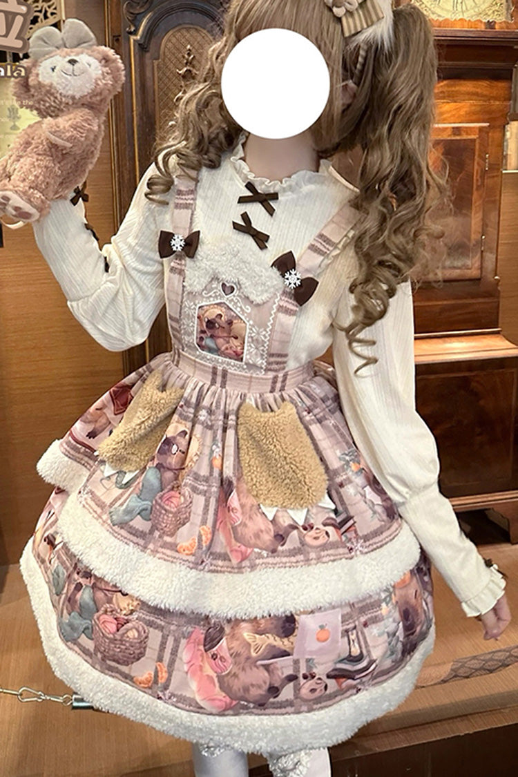 Pink/Purple [Capybara] Double-Layered Print Fluffy Fall Winter Sweet Lolita Jsk Dress - Product - 9