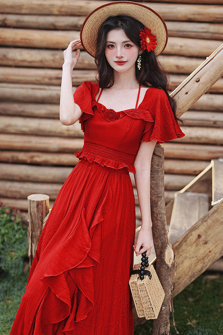 Red Square Collar Halterneck Short Sleeves High Waisted Ruffled Gothic Vintage Lolita Long Skirt Set - Product - 7