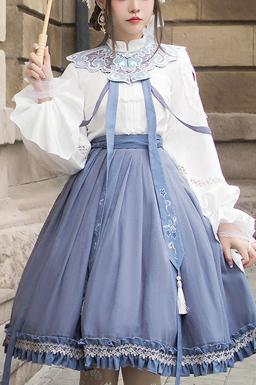 White/Blue Chinese Style Hollow Long Sleeve Classic Lolita Dress Full Set - White/Blue - 1
