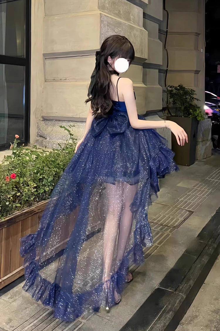 Blue Shining Bowknot Irregular Sweet Princess Gorgeous Lolita Jsk Dress (Include Train) - Product - 4