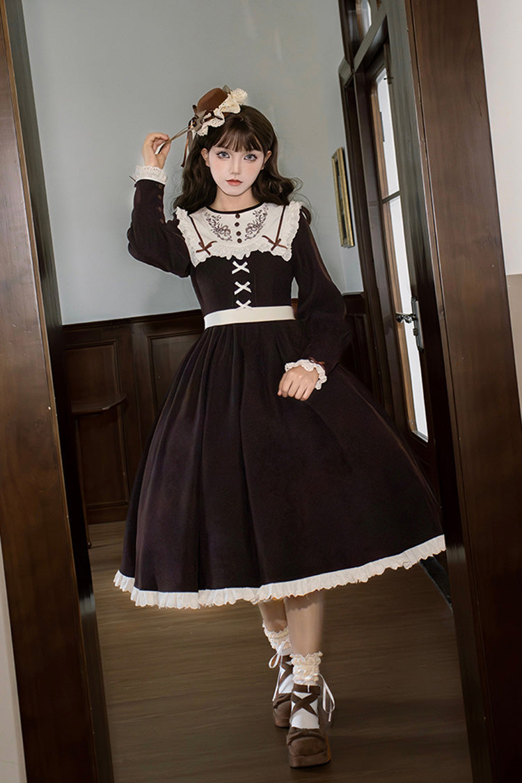 Brown [Miss Brown] Long Sleeves Ruffle Bouquet Embroidery Sweet Lolita Dress (Long Version) - Product - 9