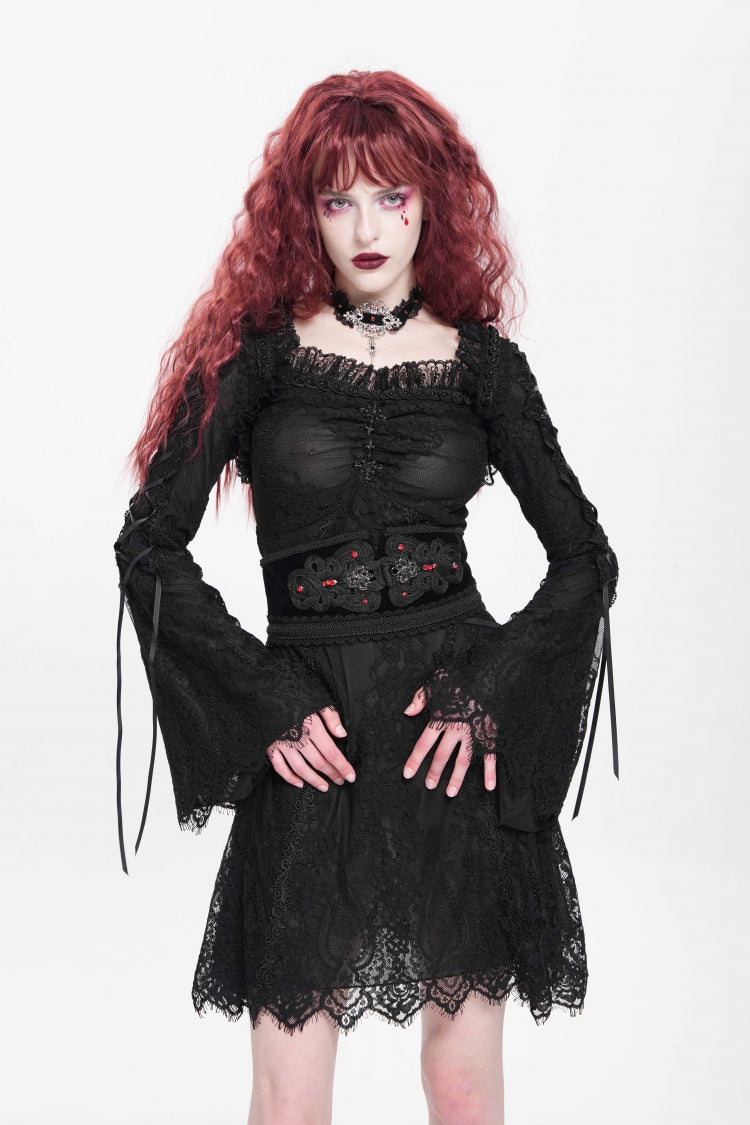 Black Square Collar Long Trumpet Sleeves Embroidered Lace-Up Women's Gothic Dress - Product - 2