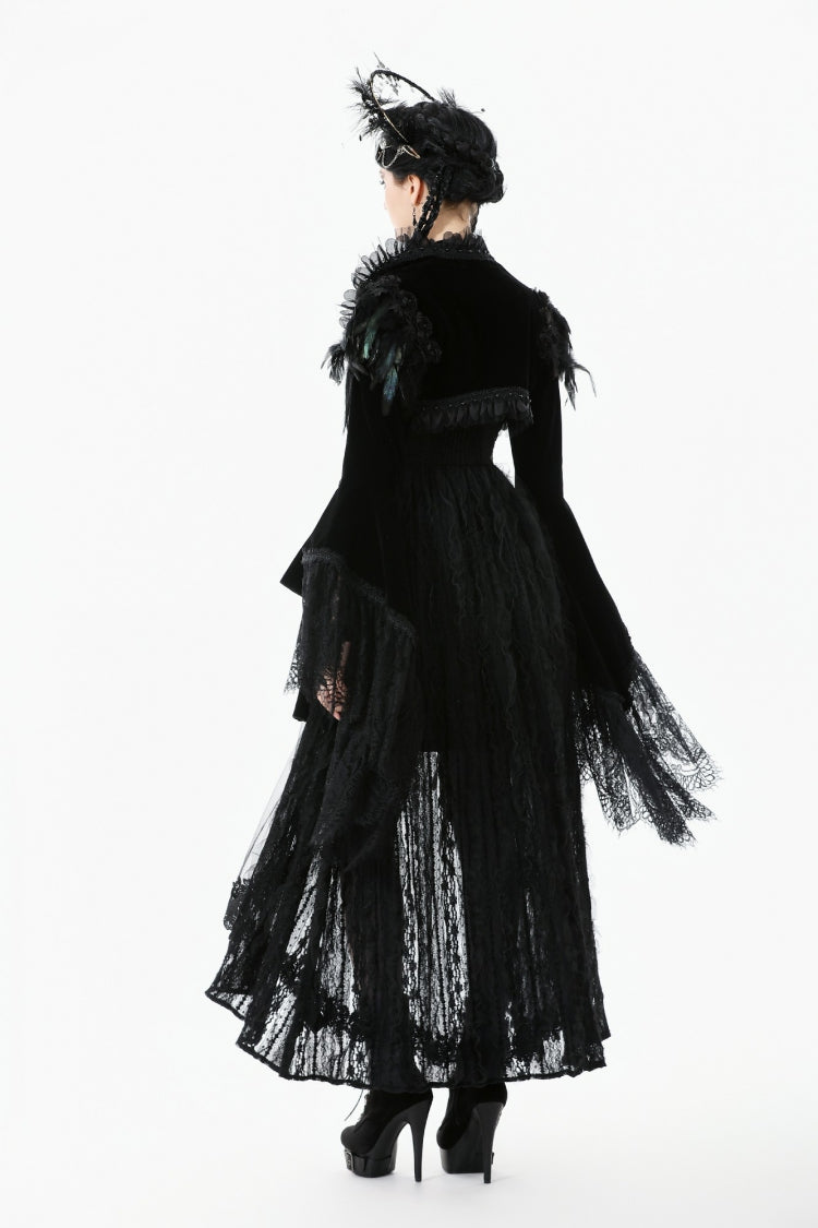 Black Lace Spliced Velvet Long Flared Sleeves Floral Feather Women's Gothic Cape - Product - 2