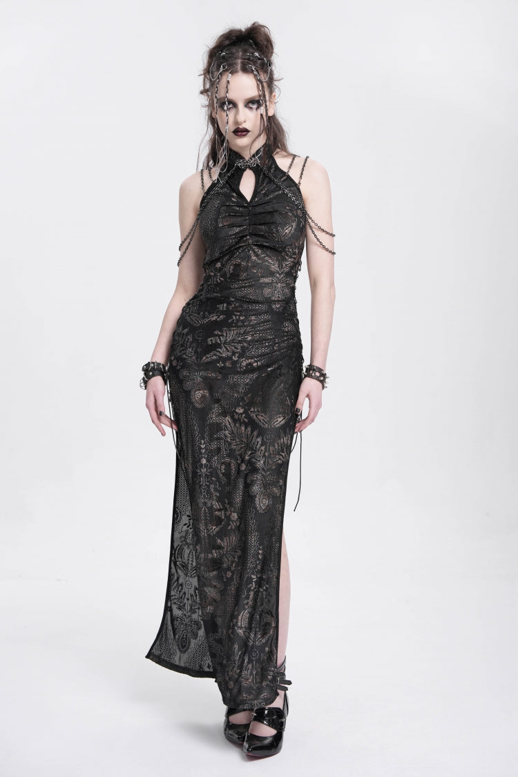 Black Off Shoulder Halterneck Sleeveless Side Slit Women's Gothic Dress - Product - 5
