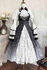 Black/White Print Bone Magic Ruffle Cardigan Lace Classic Gothic Princess Lolita Jsk Dress - Product - 6