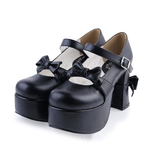 Black Round Toe Strap Bow Platform Classic Lolita Shoes - Black - 1