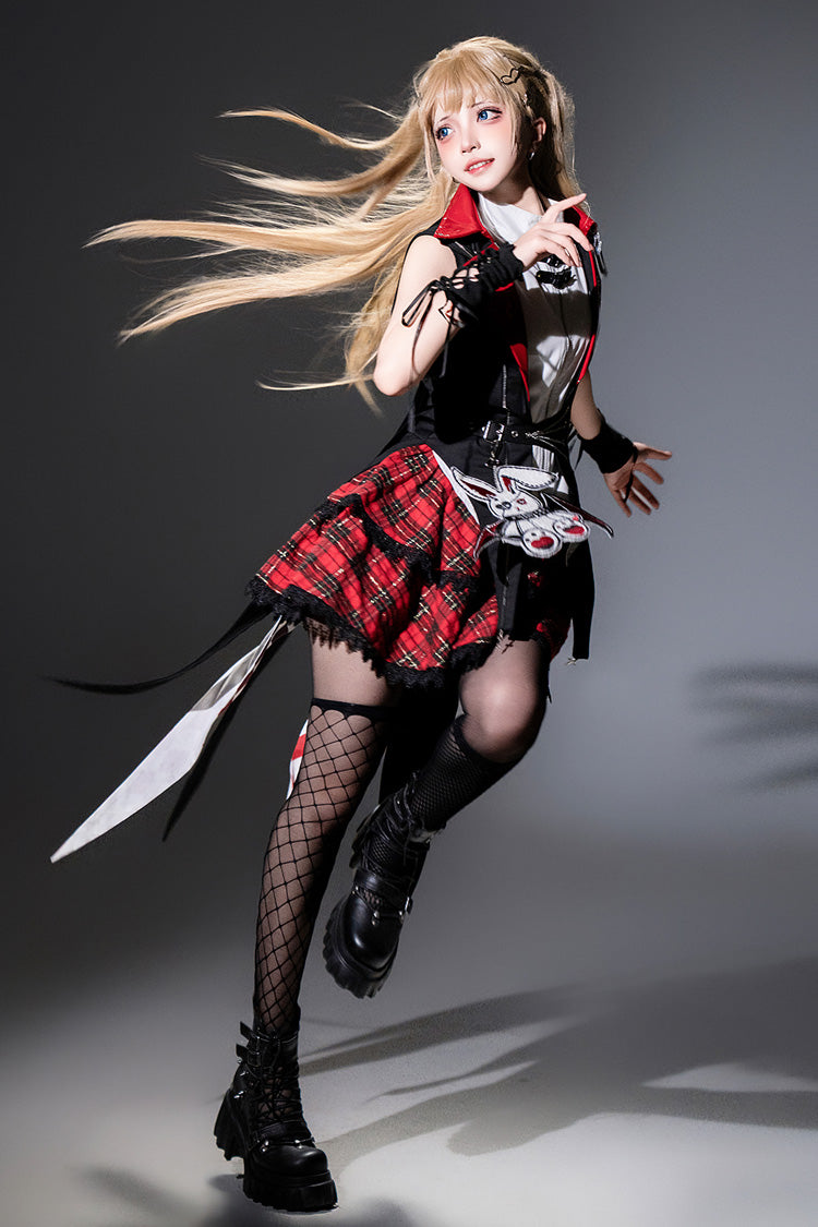 Black/Red [Rock Bunny] Sleeveless Double-Layered Embroidery Hooded Punk Lolita Skirt Set - Product - 6