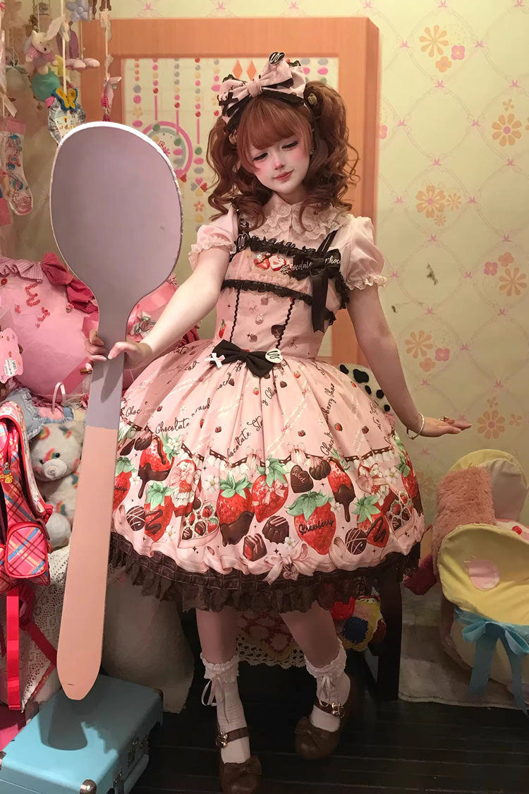 Pink [Strawberry Chocolate Lover] Sleeveless Printed Ruffled Embroidered Bow Lace Sweet Lolita Jsk Dress - Pink - 1