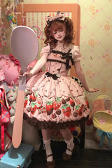 Pink [Strawberry Chocolate Lover] Sleeveless Printed Ruffled Embroidered Bow Lace Sweet Lolita Jsk Dress - Pink - 1