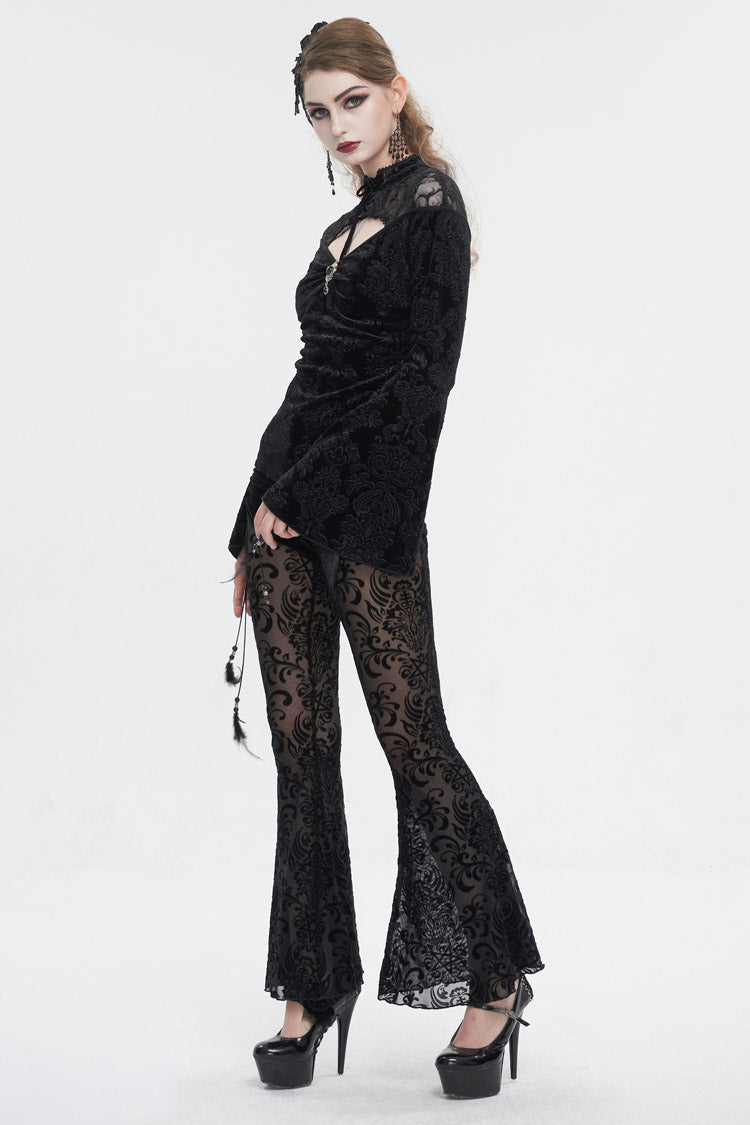 Black Lace Cutout Round Collar Flared Sleeved Floral Embossed Women's Gothic Shirt - Product - 7