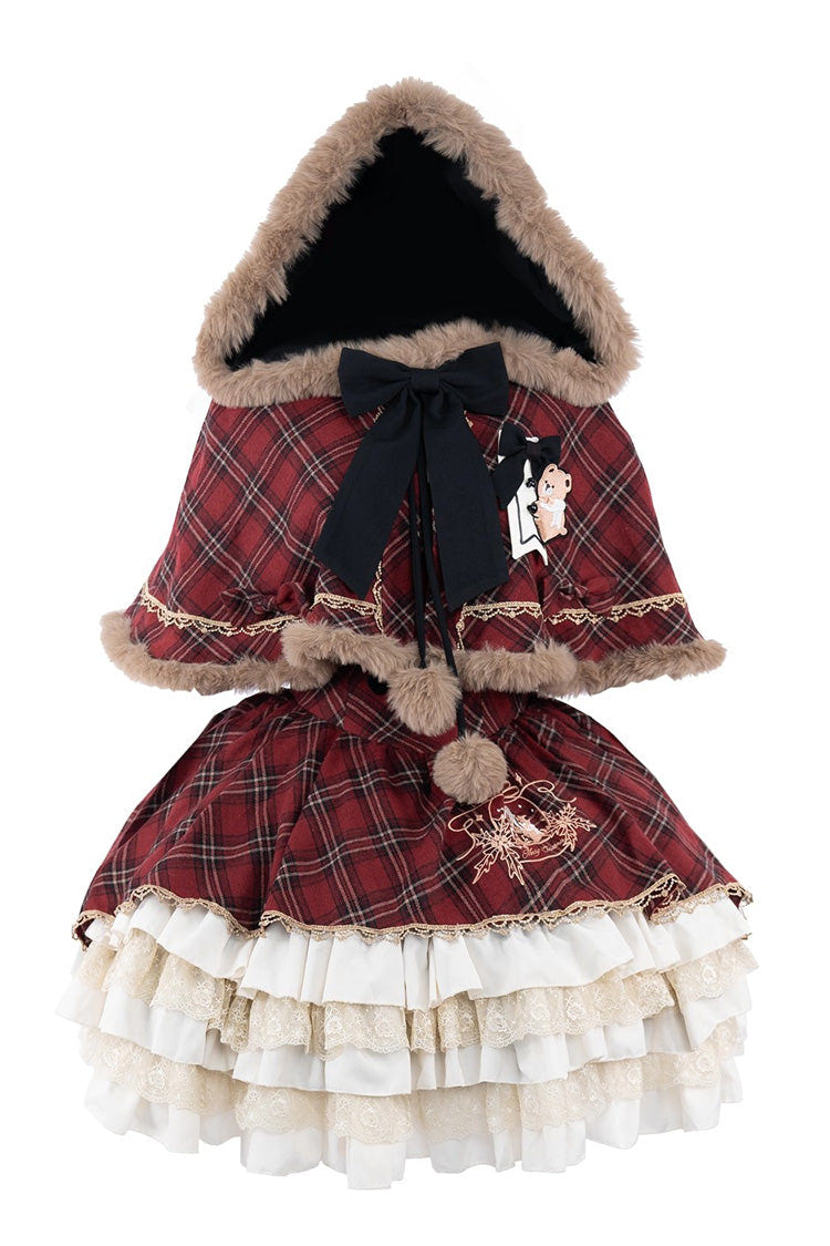 Red [Chestnut Bear Cocoa] Multi-Layered Christmas Plaid Print Ruffle Bowknot Sweet Lolita Jsk Dress Cloak - Product - 3