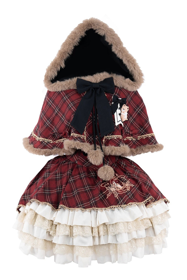 Red Chestnut Bear Cocoa Multi-Layered Christmas Plaid Print Ruffle Bowknot Sweet Cloak (Set) detail view 3